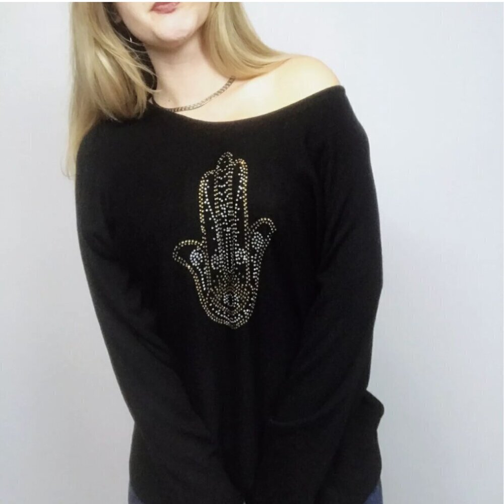 Rachel Zoe black cashmere blend sweater, bling hamsa hand, size small